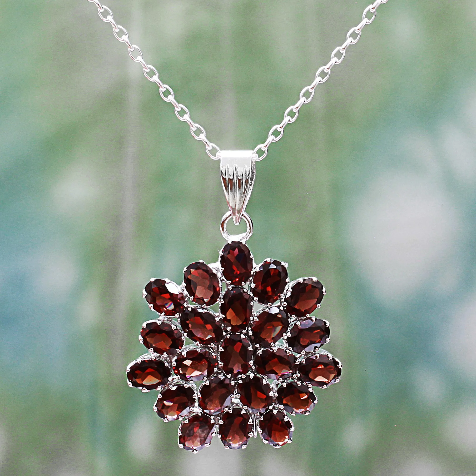 Red Sunflower Garnet & Silver Pendant Necklace