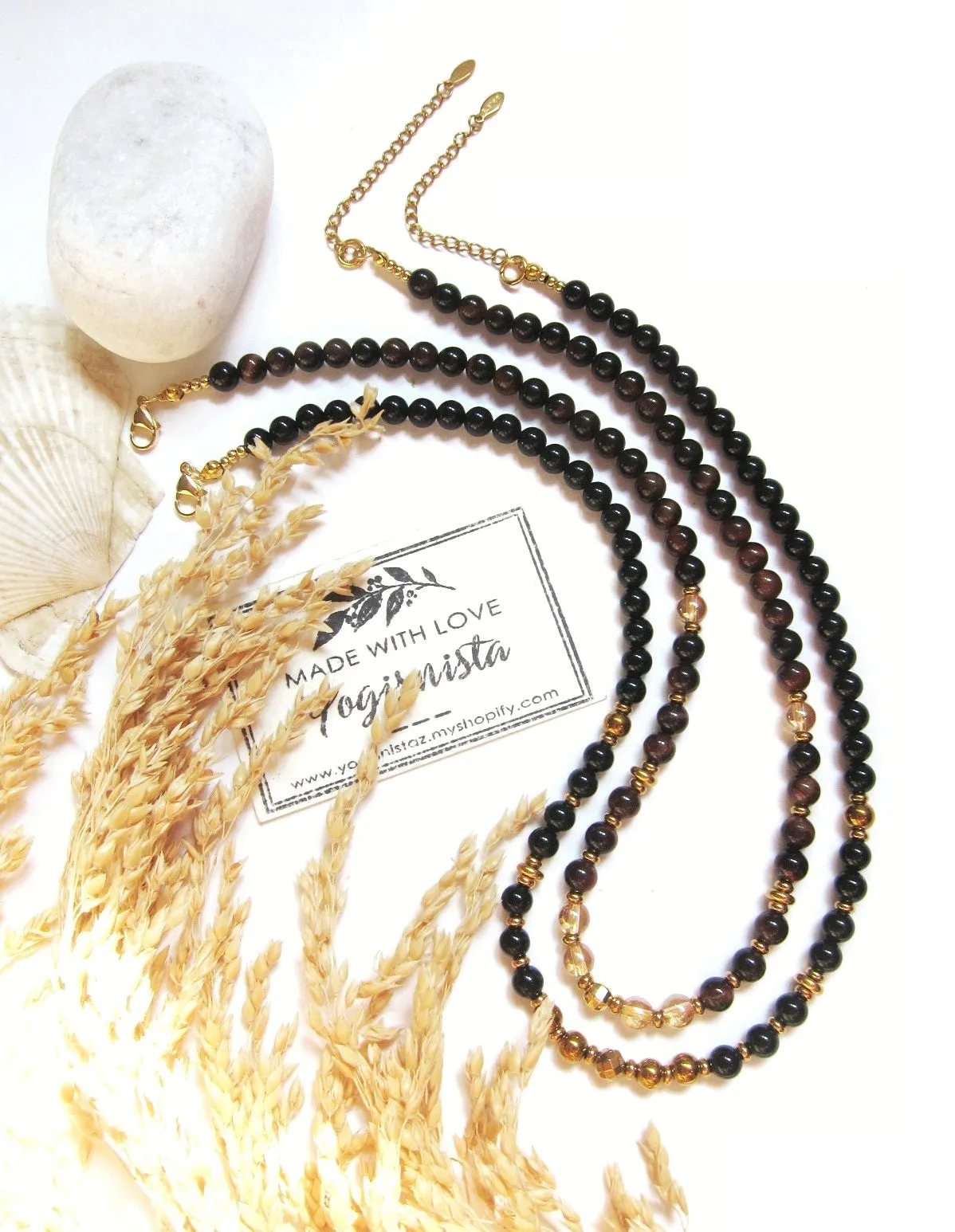 Red Tiger Eye, Aura Quartz Beaded Necklace in Stainless Gold Clasp