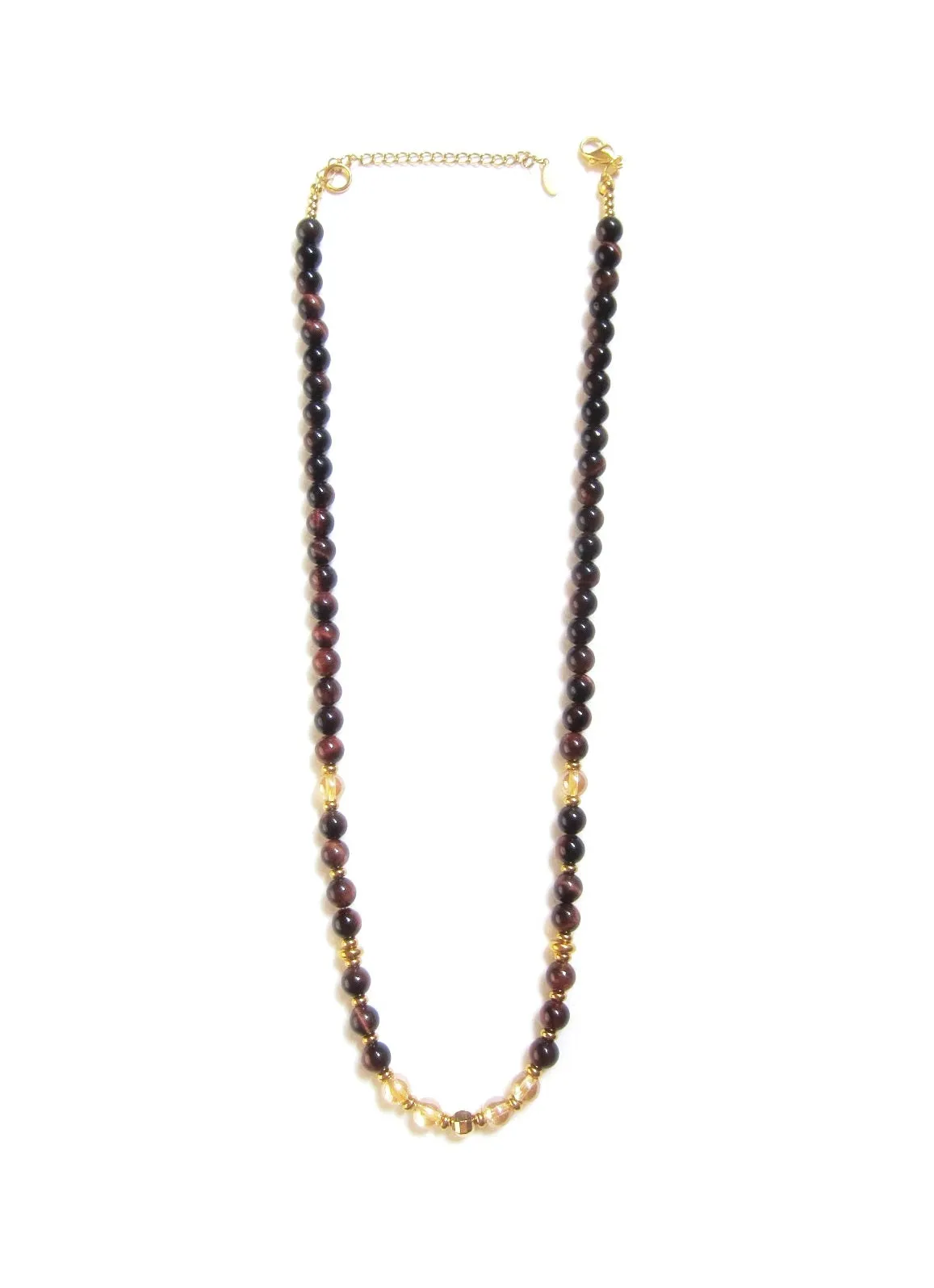 Red Tiger Eye, Aura Quartz Beaded Necklace in Stainless Gold Clasp