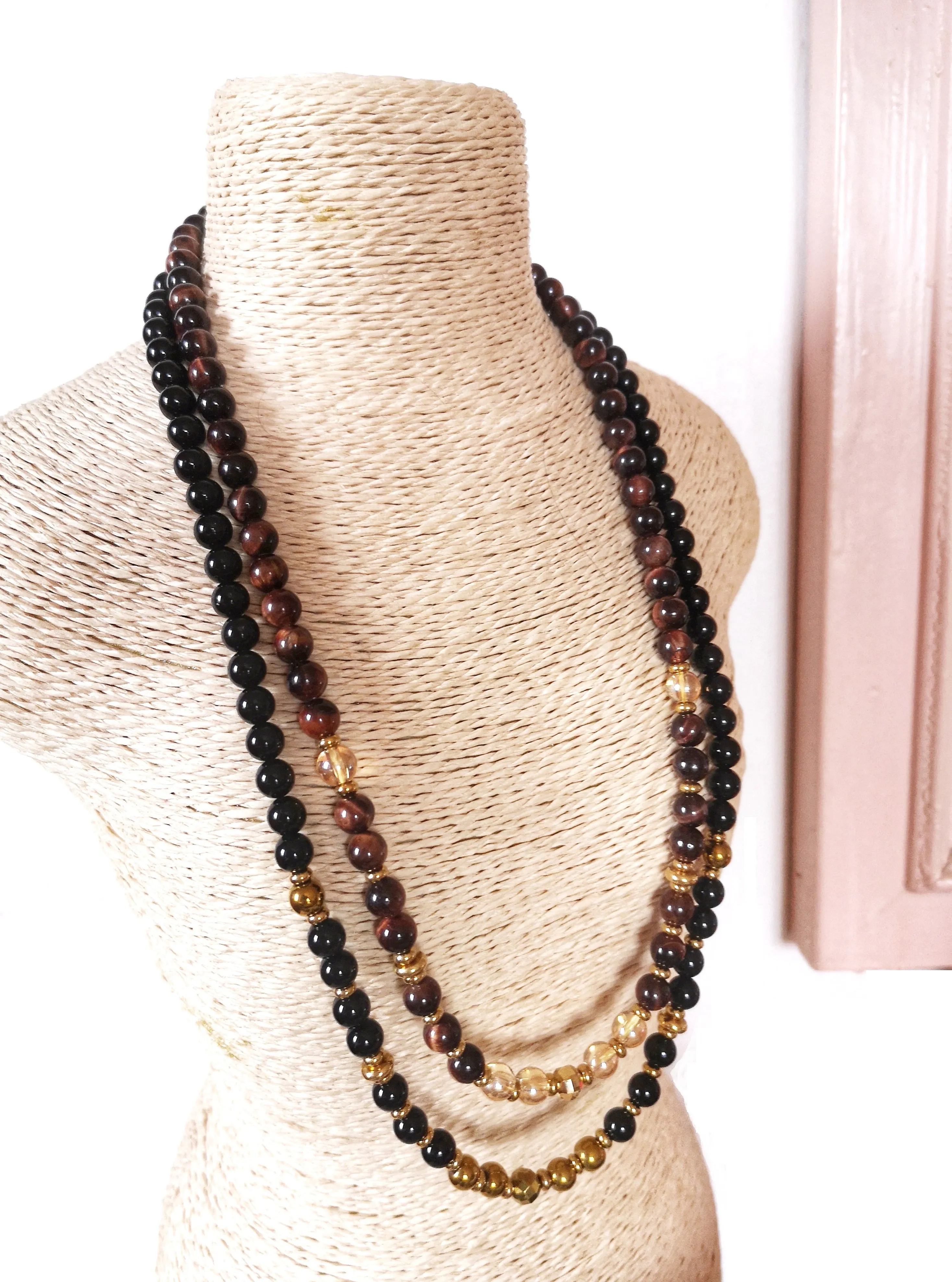 Red Tiger Eye, Aura Quartz Beaded Necklace in Stainless Gold Clasp