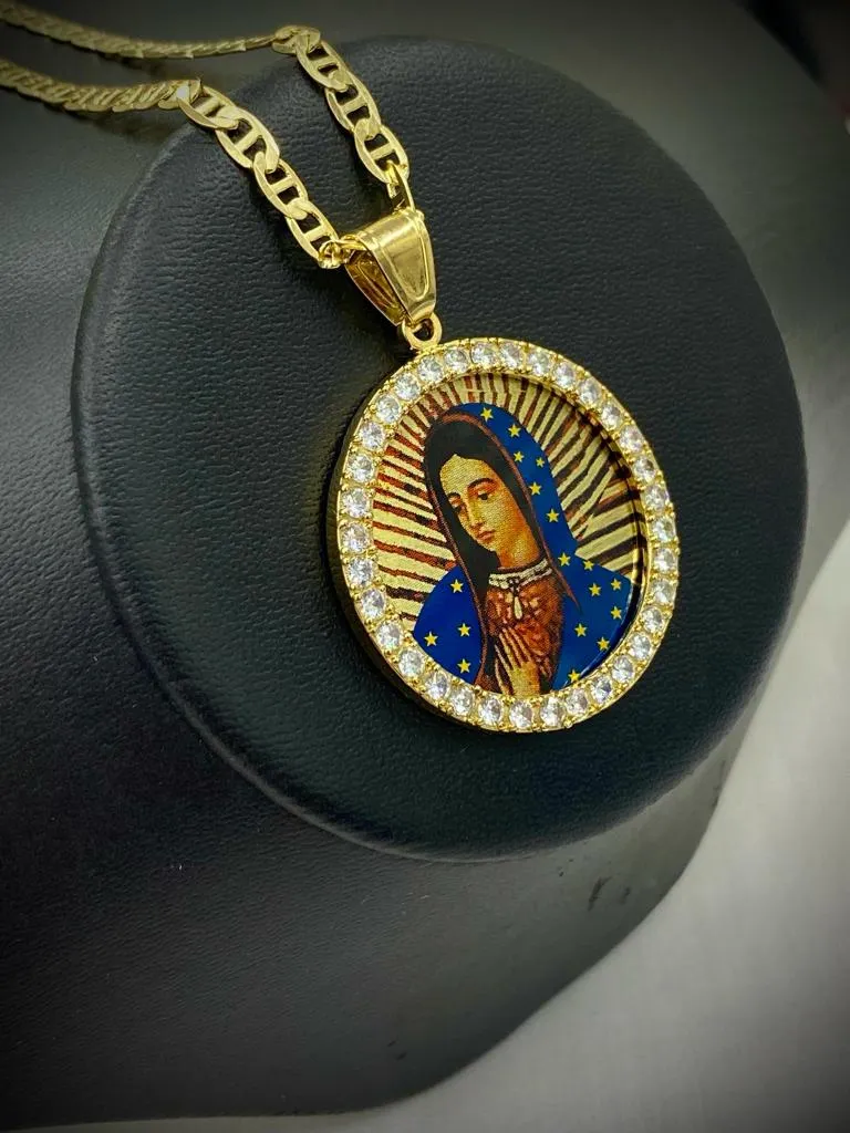 Round Virgen de Guadalupe CZ Necklace Mariner Chain Mens Womens 14K Gold Filled Enamel