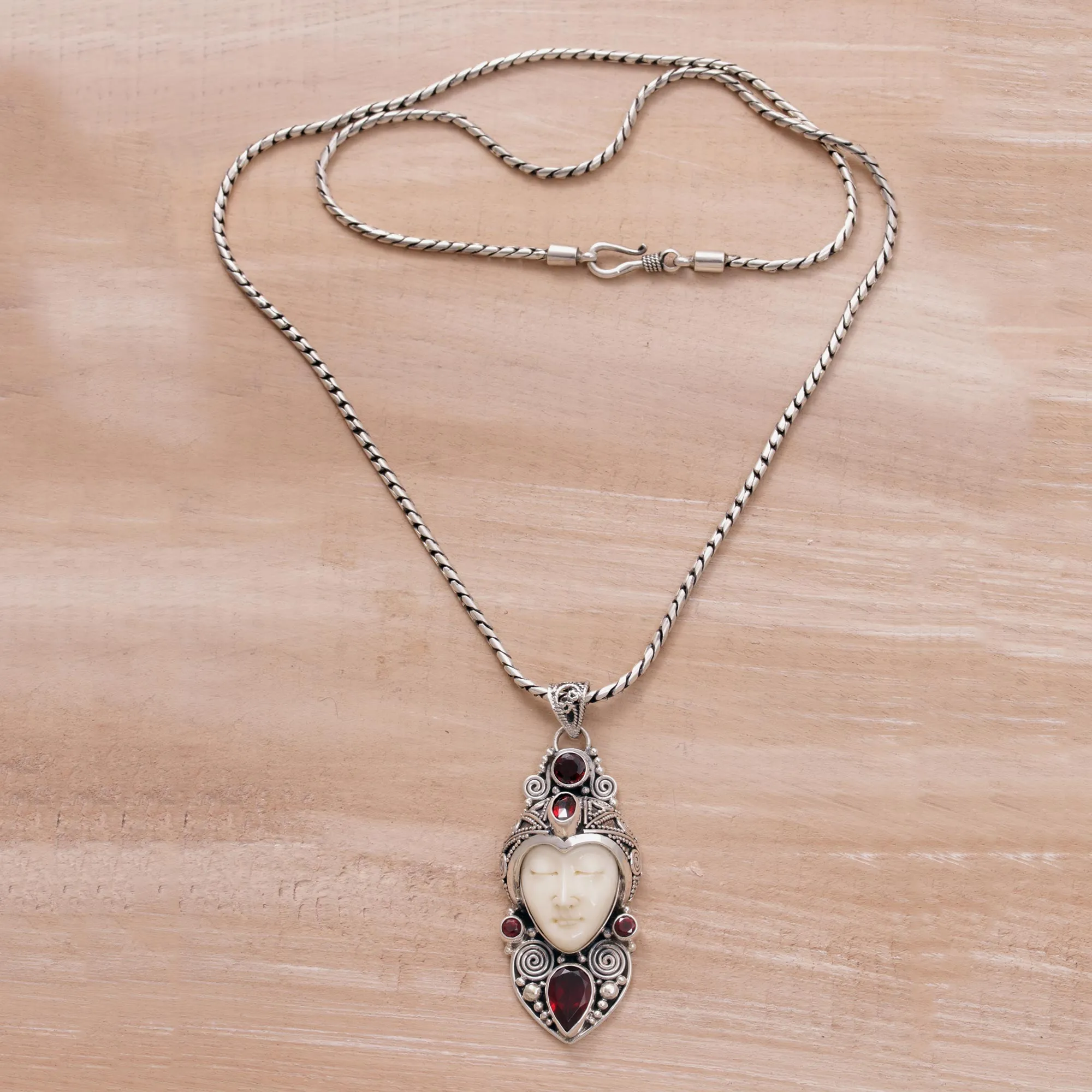 Royal Knight Garnet Silver & Bone Pendant Necklace