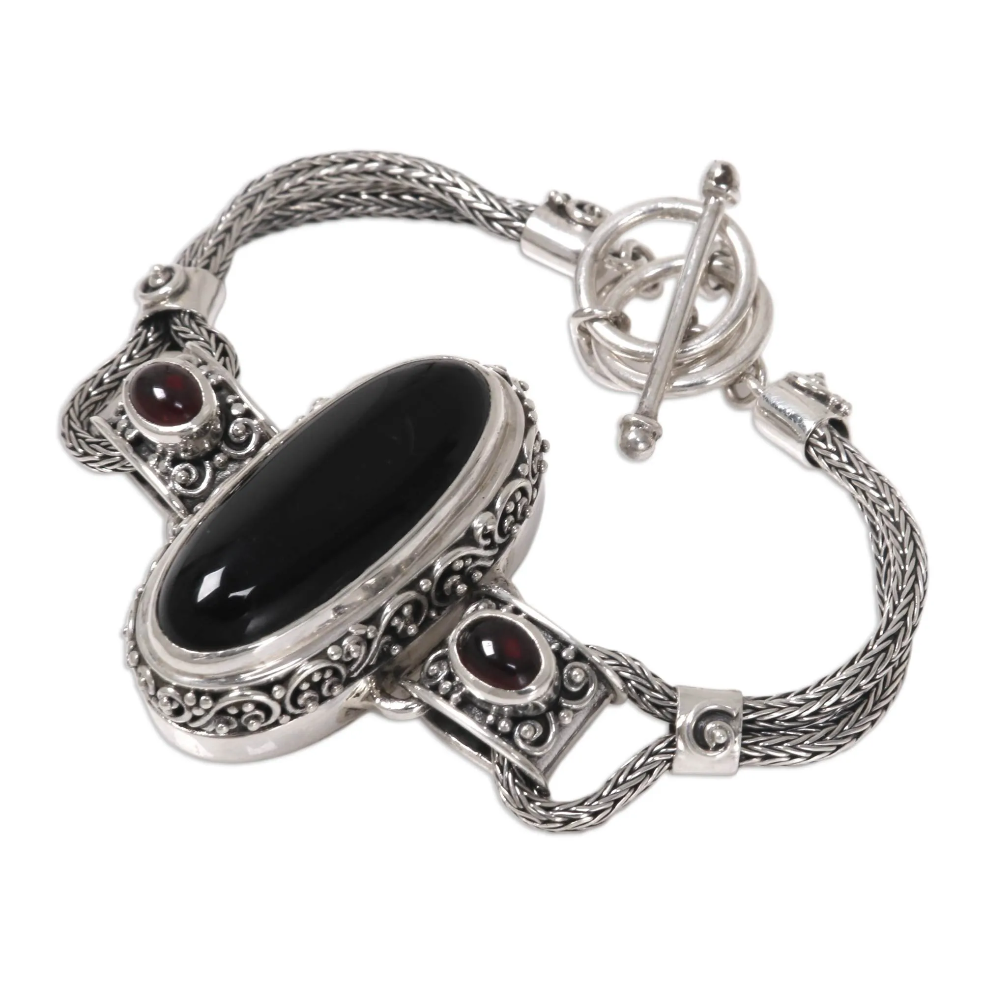 Royal Presence Balinese Style Pendant Bracelet with Onyx and Garnet