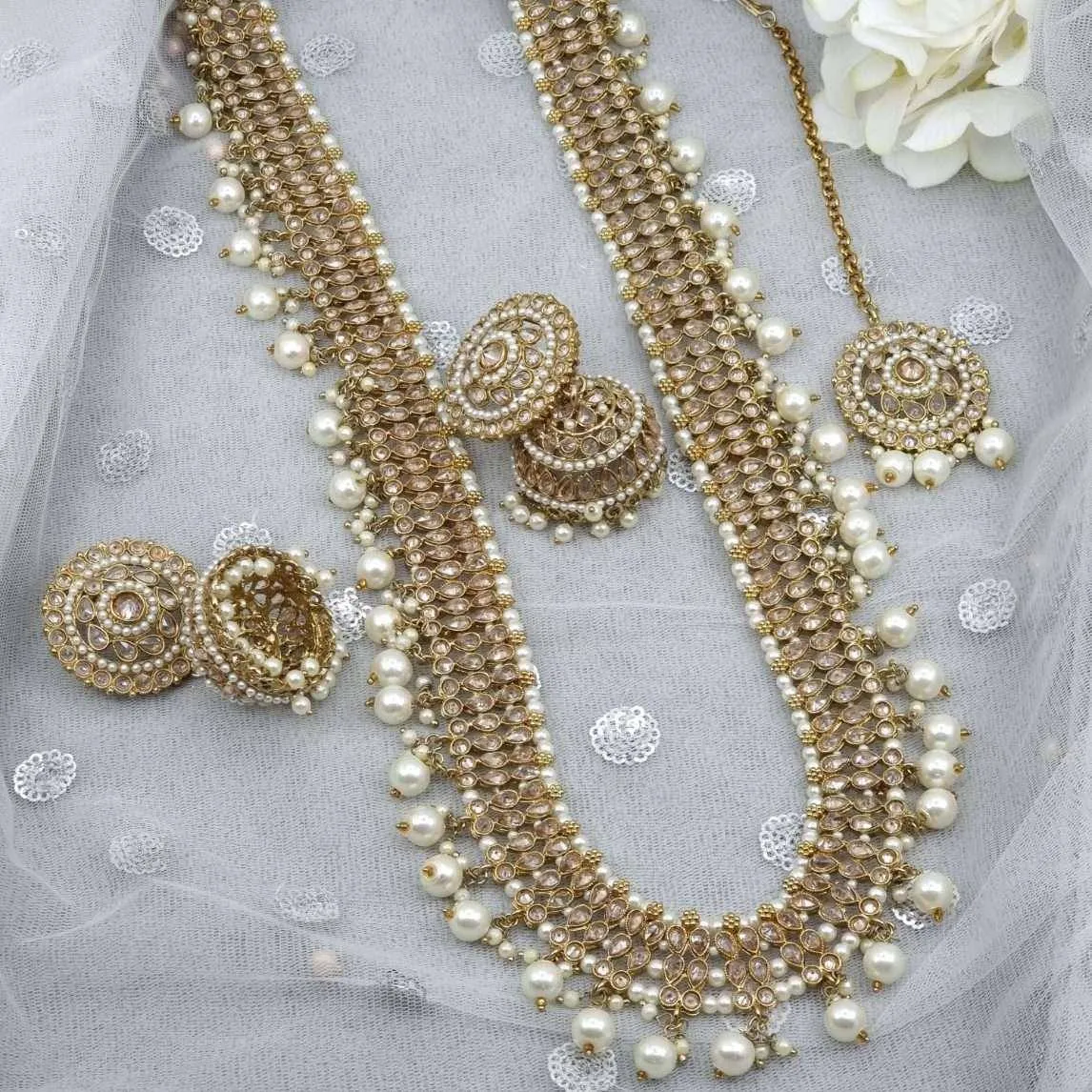 Sabiha- Antique Gold Polki Mala Necklace Set with Jhumki Earrings and Tikka