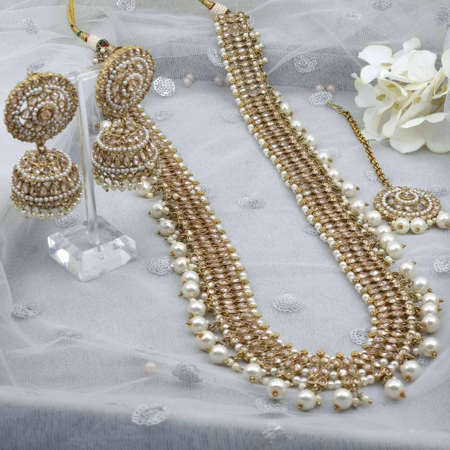 Sabiha- Antique Gold Polki Mala Necklace Set with Jhumki Earrings and Tikka