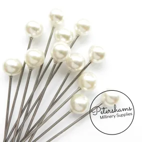 Set of 12 Extra Long 9cm (3.5 inch) Hat Pin Style Beaded Millinery Pins - Ivory Pearl