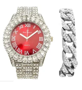 Silver Color Watch Simulated Diamond Red Face Watch Set Cuban Link Bracelet Hip Hop Watch Blue Bling Jewelry Gift Bundle