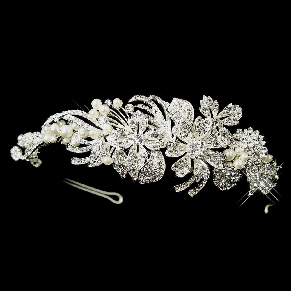 Silver Ivory Pearl & Crystal Flower Side Accented Headband Headpiece