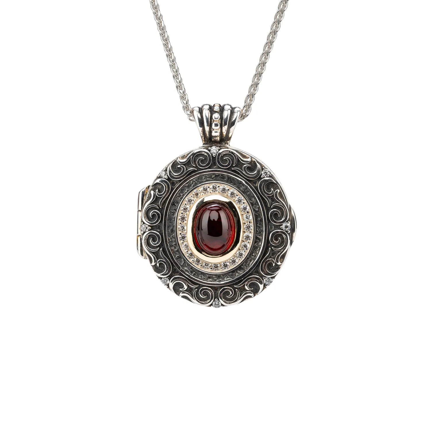 Silver with 10k Gold Filigree Shield Locket - Garnet