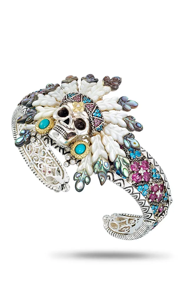 Special Order.Spiritual Warrior Cuff  – Diamond, Abalone, Mother of Pearl,  Apatite, Turquoise, & Pink garnet