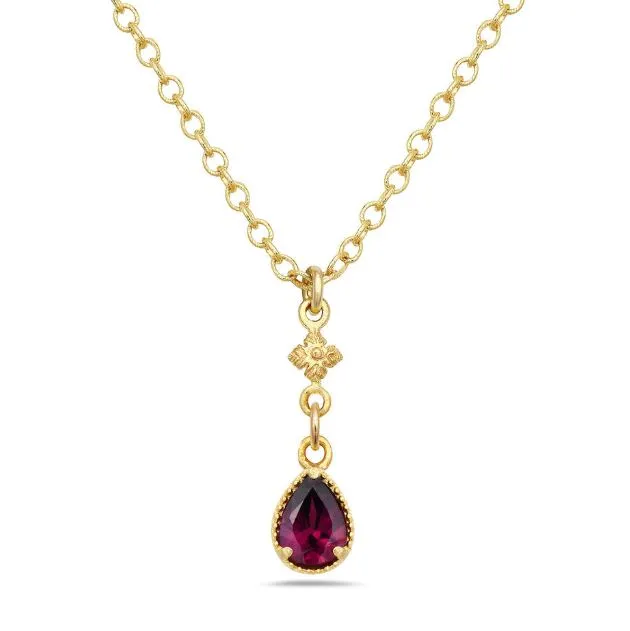 Sterling Silver 18Y Vermeil Flower Necklace with Rhodolite Garnet Teardrop and Chain