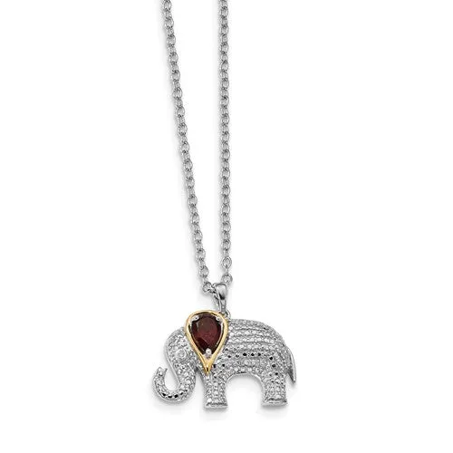 Sterling Silver & 14k Gold Garnet And Diamond Elephant Necklace