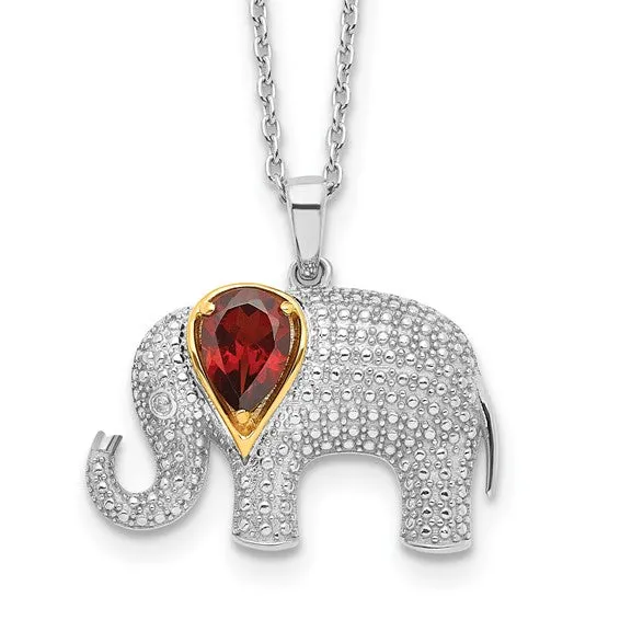 Sterling Silver & 14k Gold Garnet And Diamond Elephant Necklace