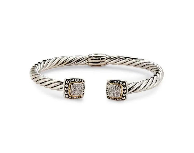 Sterling Silver & 18KY Twisted "Kangguru Bangle" with Square Shape Pave Diamonds