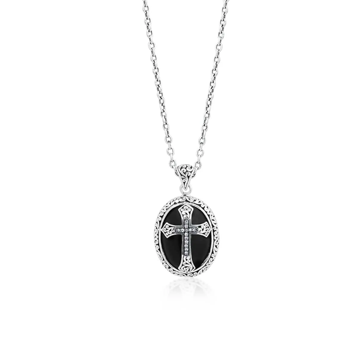 Sterling Silver Brown Diamond & Black Onyx Oval Cross Necklace - XNU371-16D26