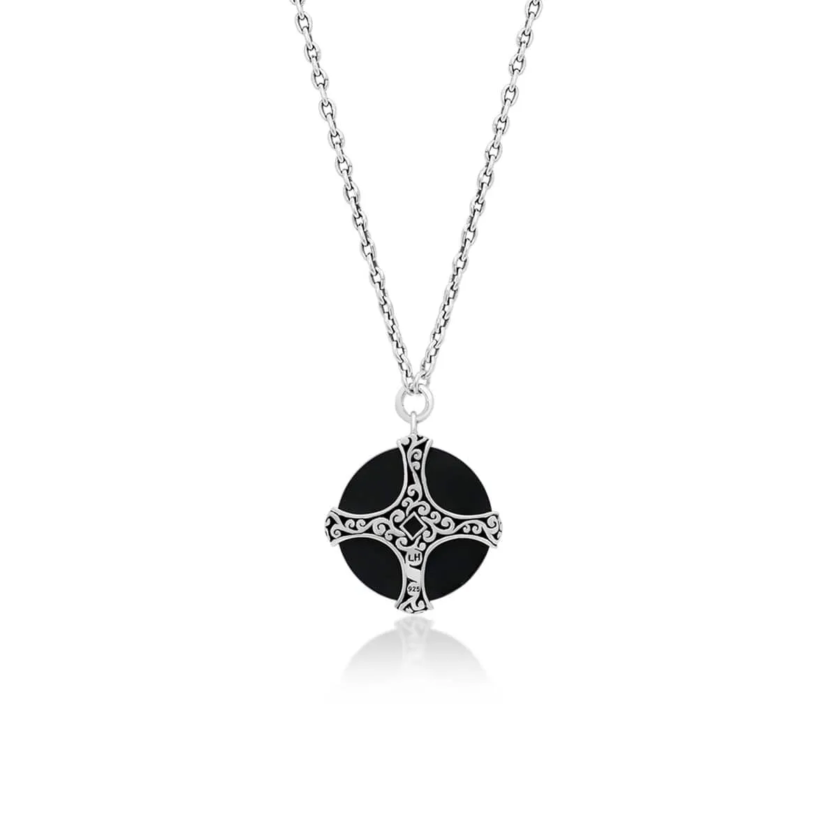 Sterling Silver Brown Diamond & Black Onyx Round Pendant Necklace - XNU1004-16D36