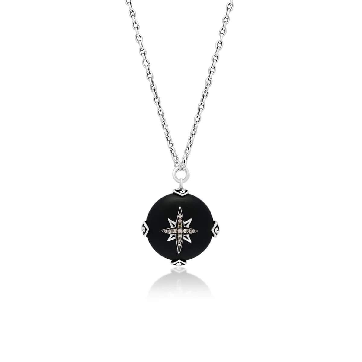 Sterling Silver Brown Diamond & Black Onyx Round Pendant Necklace - XNU1004-16D36