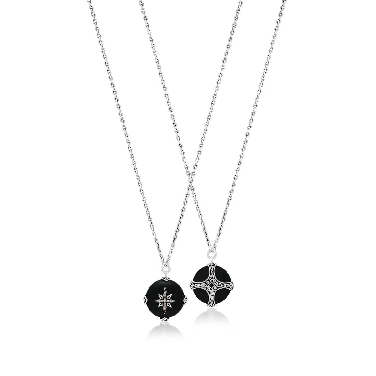 Sterling Silver Brown Diamond & Black Onyx Round Pendant Necklace - XNU1004-16D36