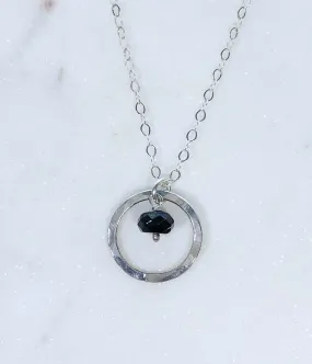 Sterling silver forged circle necklace with onyx gemstone