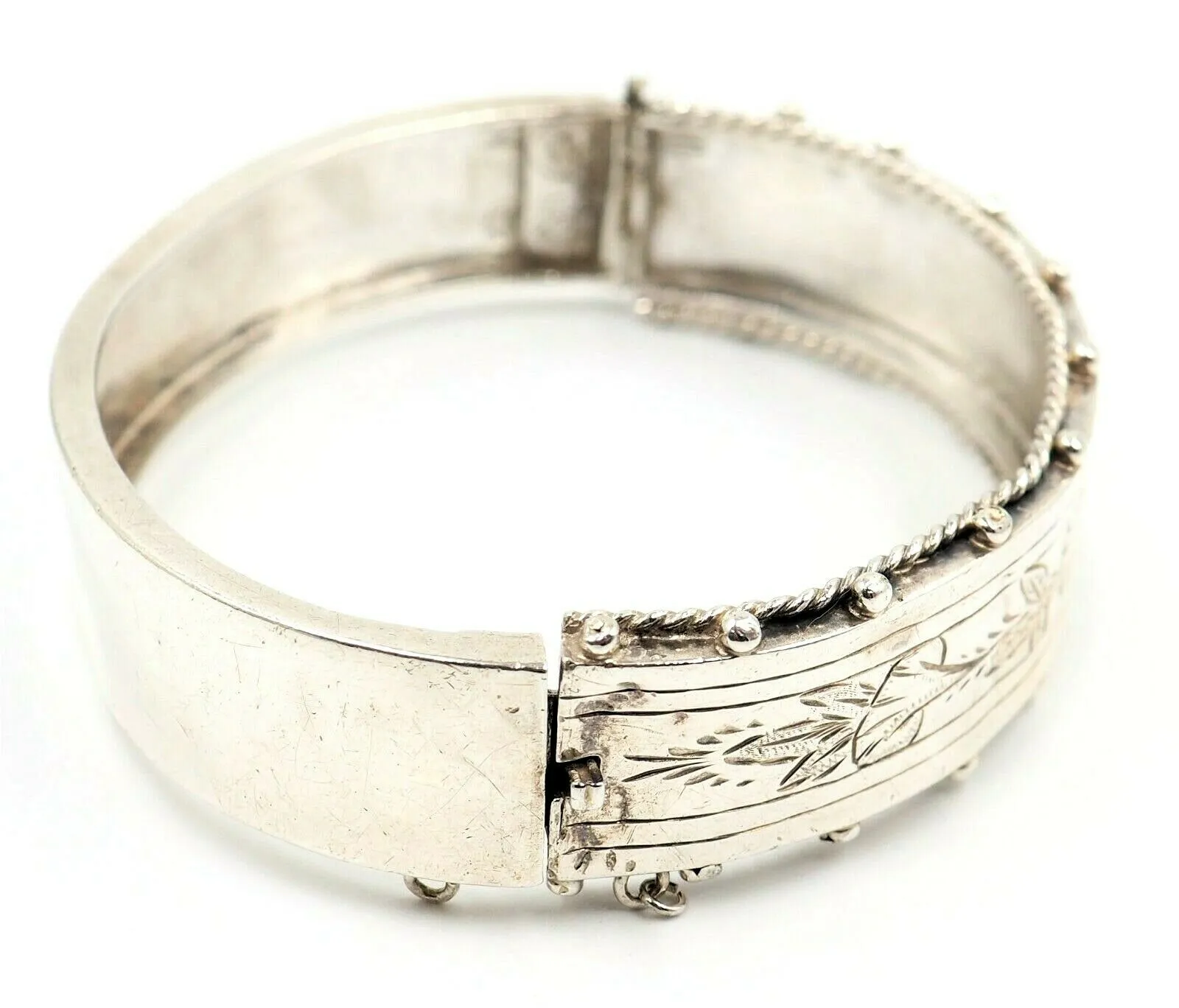 Sterling Silver Hinged Bangle Vintage Fine Statement Jewellery Embellished Front