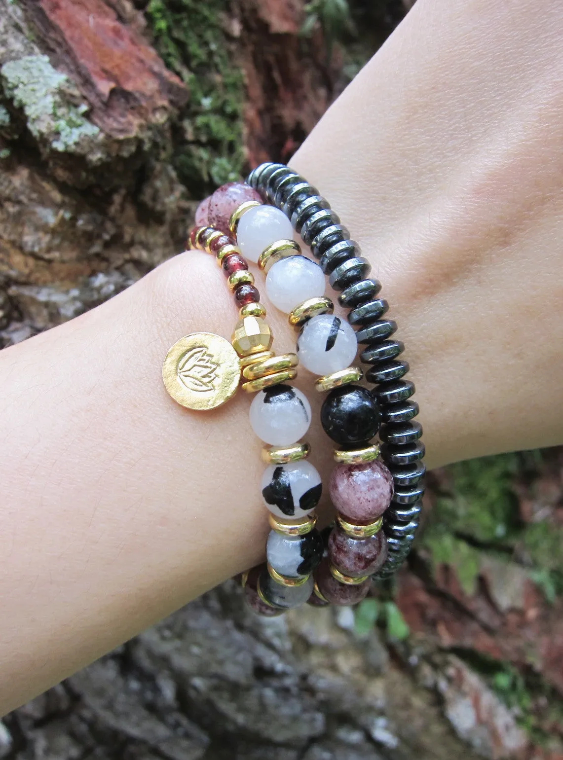 Strawberry Quartz, Black White Tourmaline Quartz Gemstone in 27 Bead Mala Bracelet with 24K Gold Vermeil Lotus Charm