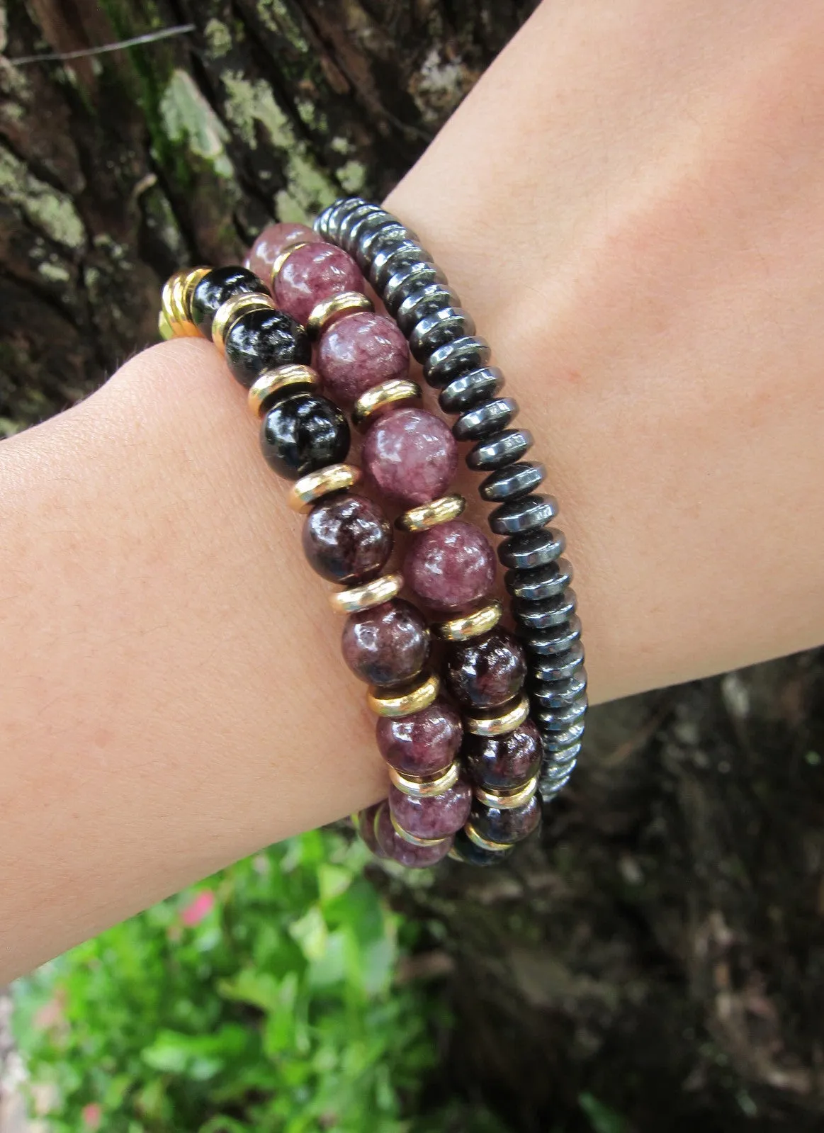 Strawberry Quartz, Black White Tourmaline Quartz Gemstone in 27 Bead Mala Bracelet with 24K Gold Vermeil Lotus Charm