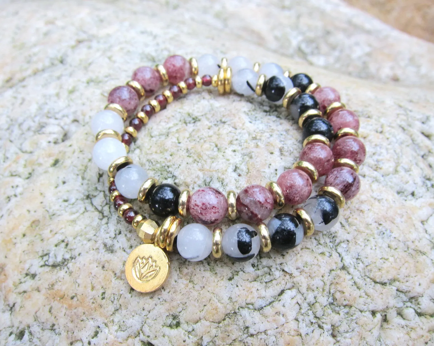 Strawberry Quartz, Black White Tourmaline Quartz Gemstone in 27 Bead Mala Bracelet with 24K Gold Vermeil Lotus Charm