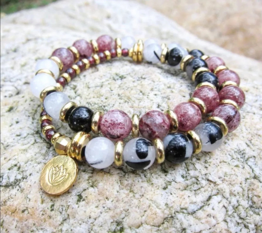 Strawberry Quartz, Black White Tourmaline Quartz Gemstone in 27 Bead Mala Bracelet with 24K Gold Vermeil Lotus Charm