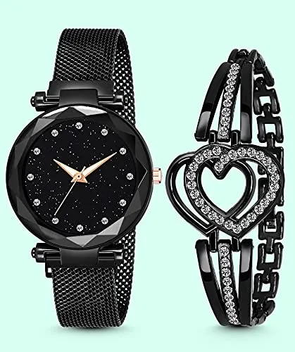 STYLEDOSE Full Diamond Studded Analogue Quartz March Style Watch with Bracelet Combo(Black Dial Gold Colored Strap) (Beautiful Black)