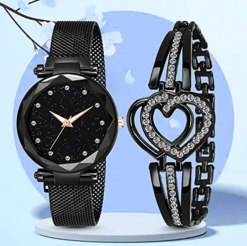 STYLEDOSE Full Diamond Studded Analogue Quartz March Style Watch with Bracelet Combo(Black Dial Gold Colored Strap) (Beautiful Black)