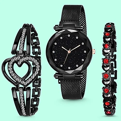 STYLEDOSE Full Diamond Studded Analogue Quartz March Style Watch with Bracelet Combo(Black Dial Gold Colored Strap) (Beautiful Black)