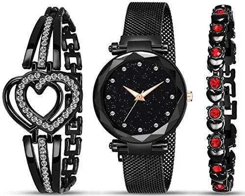 STYLEDOSE Full Diamond Studded Analogue Quartz March Style Watch with Bracelet Combo(Black Dial Gold Colored Strap) (Beautiful Black)