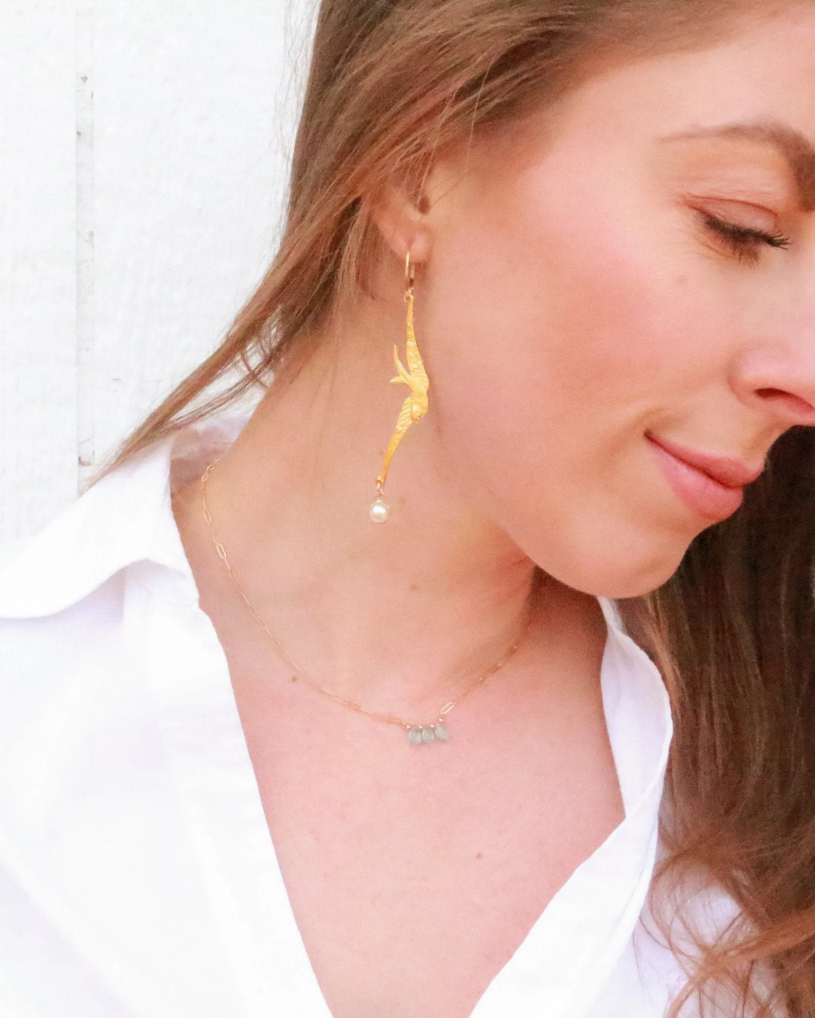 Take Flight Earrings - Gold Bird and Freshwater Pearl Earrings, Long Dangle Earrings, Gold Bird Jewelry, Pearl Earrings, Dramatic Earrings