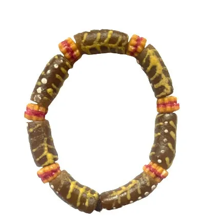 Tan and Yellow Bella Africa Krobo Bead Stretch Bracelet