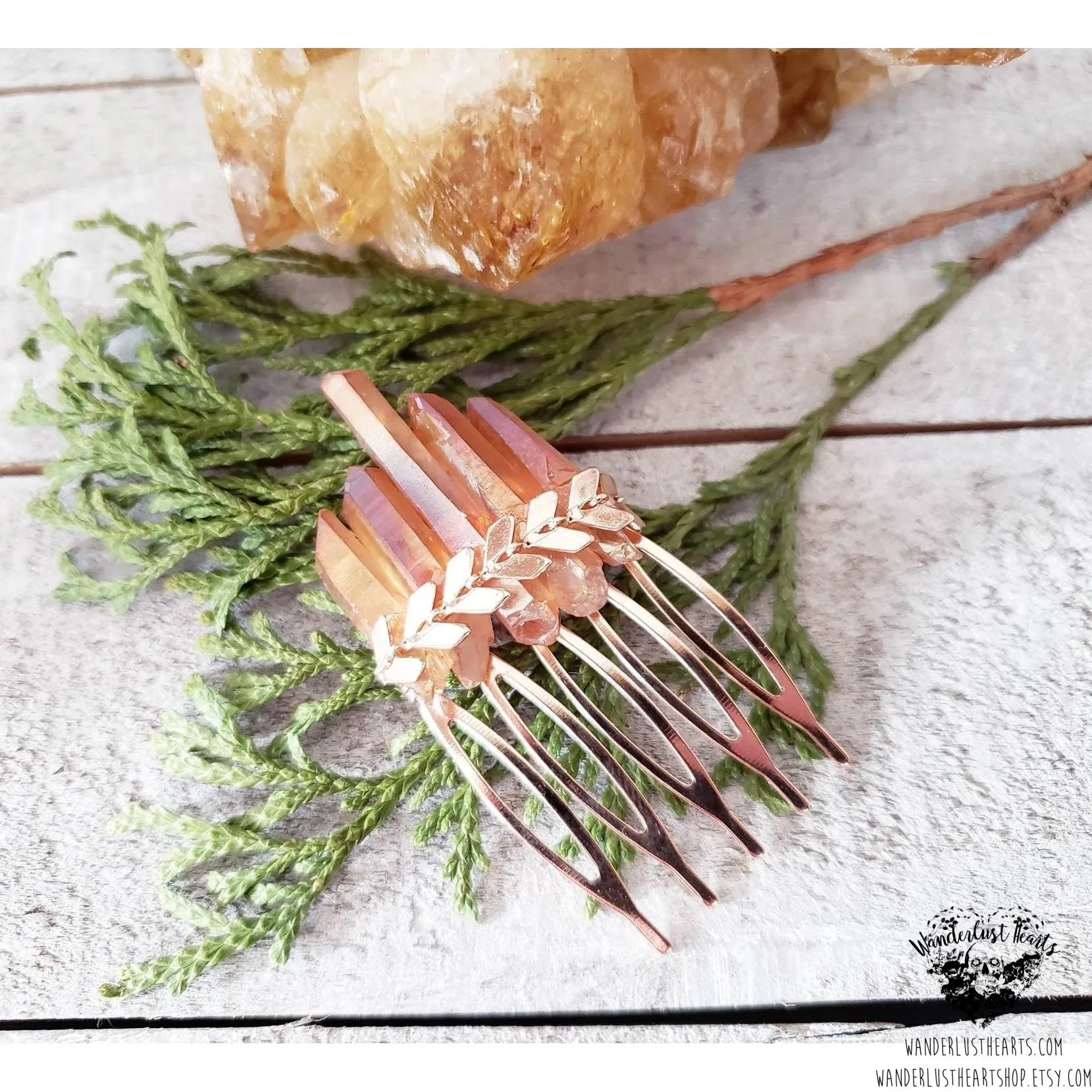 Tangerine quartz crystal Boho hair comb