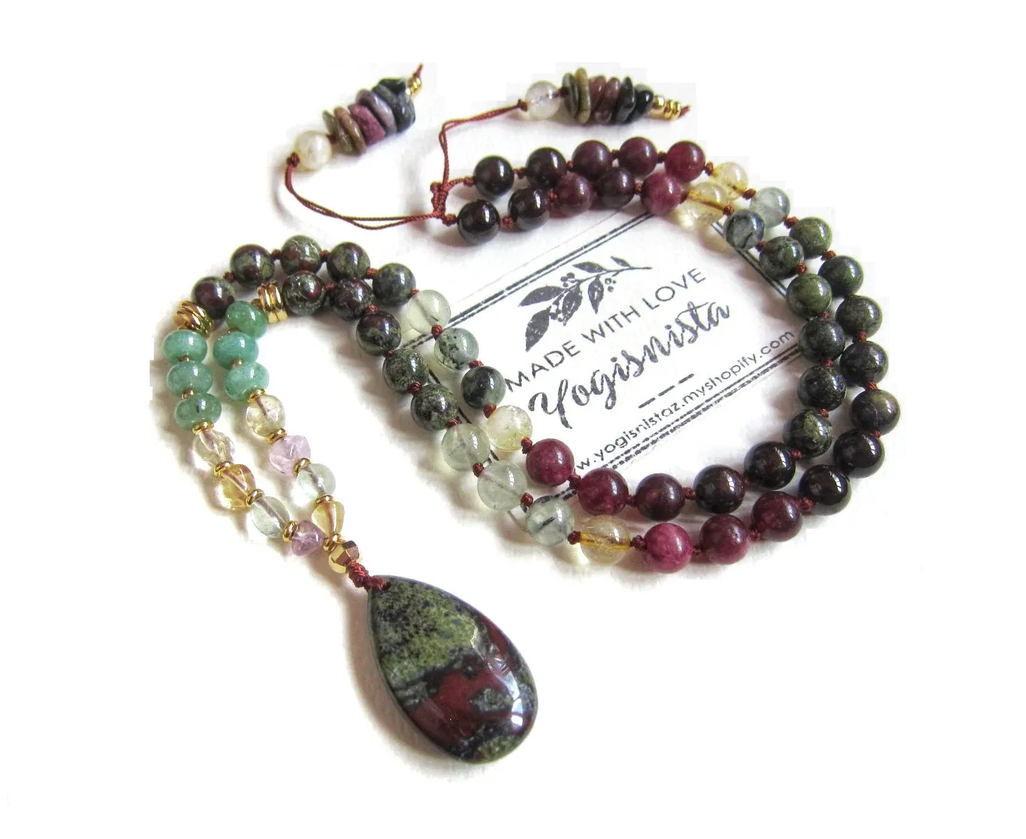 The Divine Goddess Mala Necklace in Bloodstone, Garnet, Tourmaline with matching Tear-drop Bloodstone Pendant Necklace