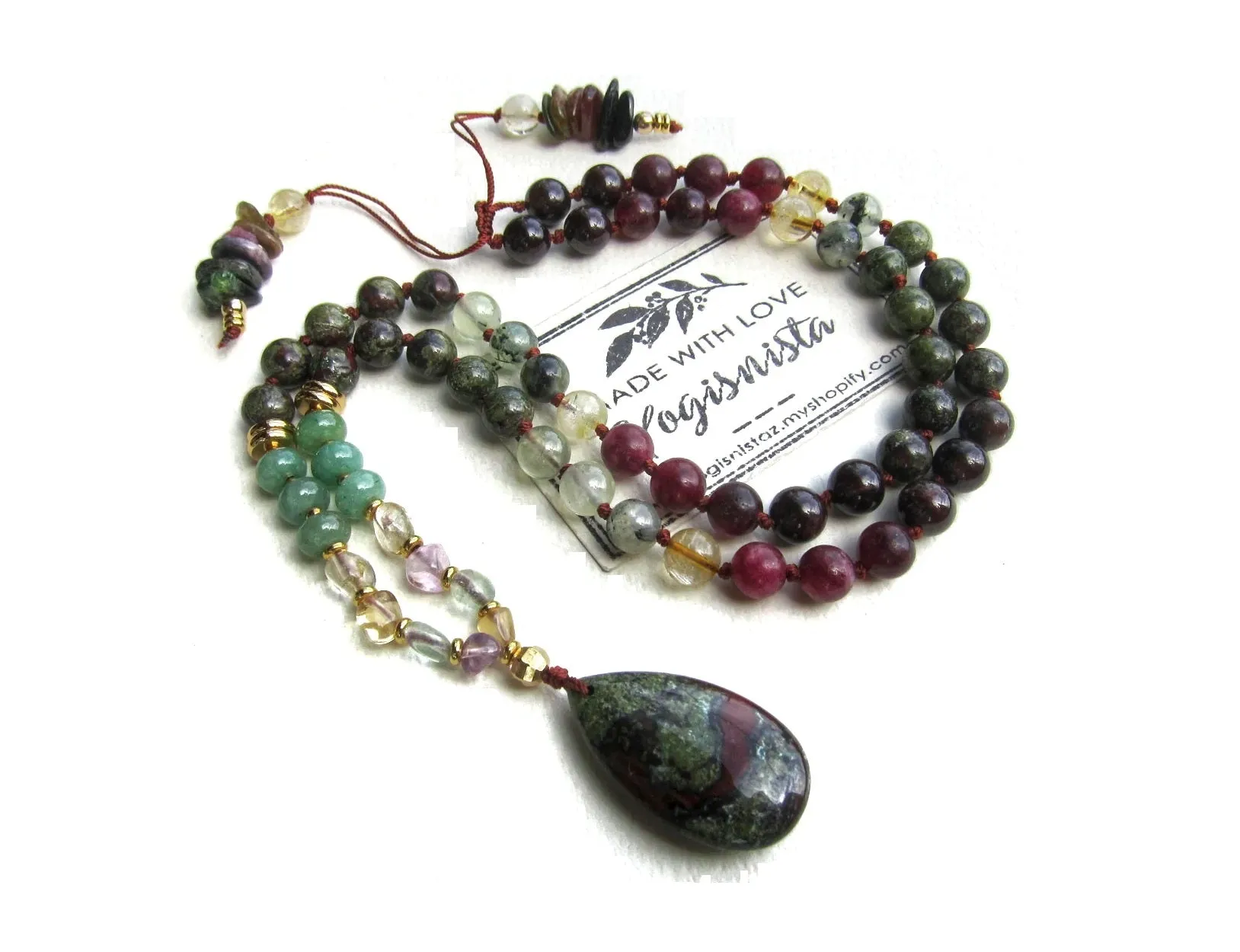 The Divine Goddess Mala Necklace in Bloodstone, Garnet, Tourmaline with matching Tear-drop Bloodstone Pendant Necklace