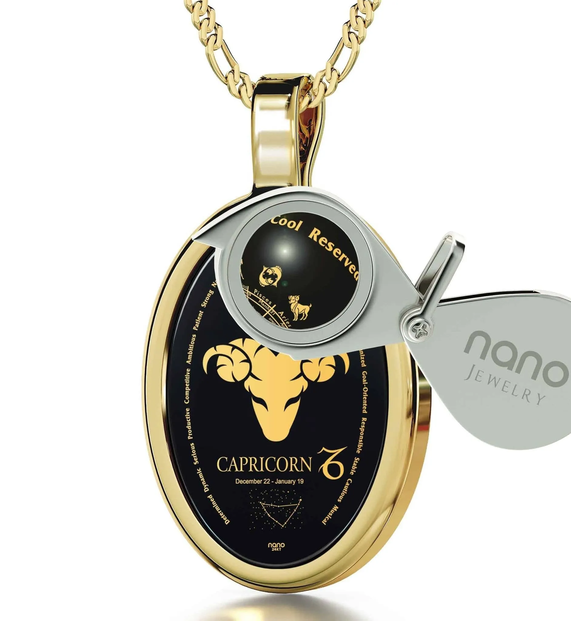 The World of Capricorn, Sterling Silver Gold Plated (Vermeil) Necklace, Onyx