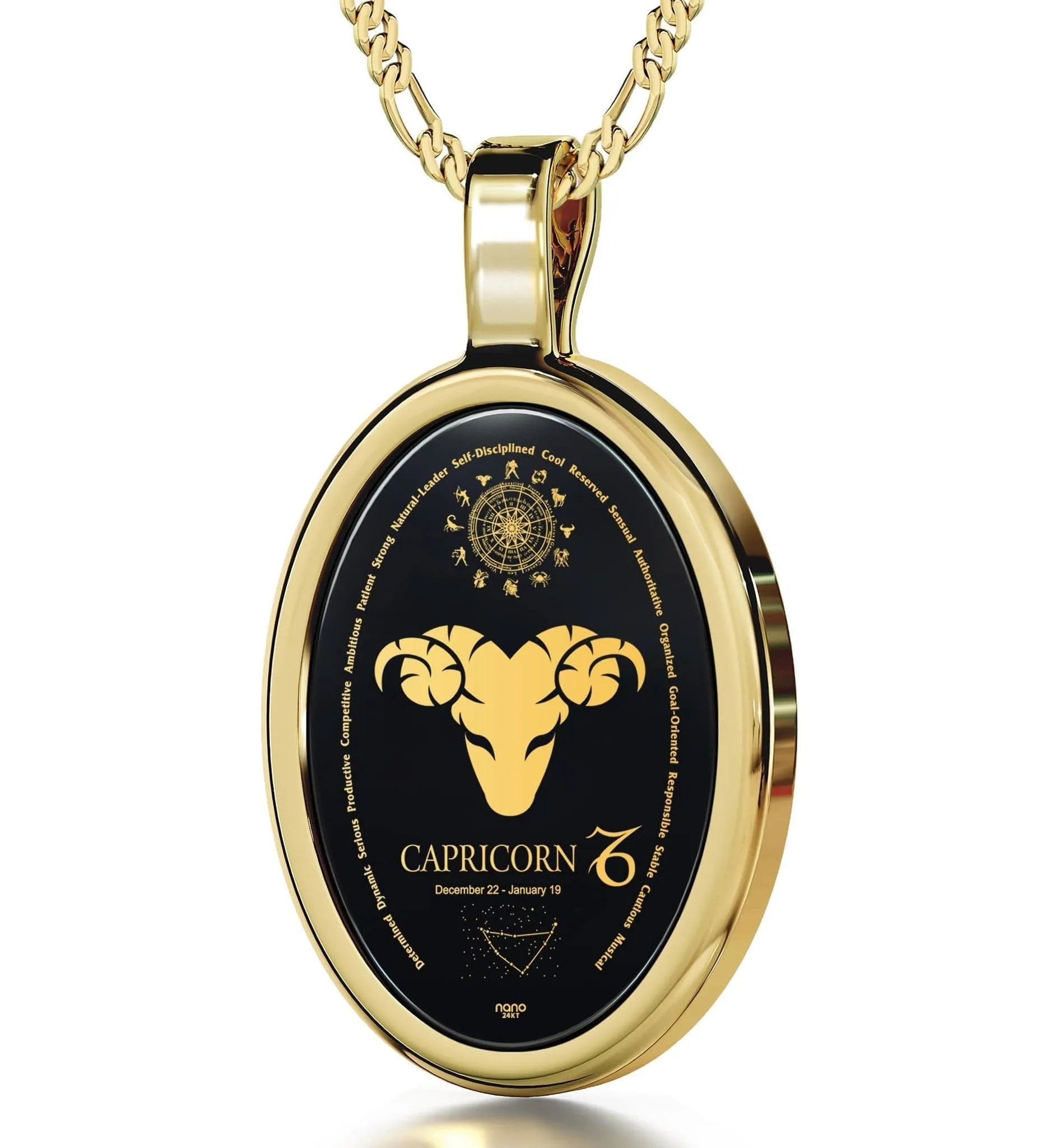 The World of Capricorn, Sterling Silver Gold Plated (Vermeil) Necklace, Onyx