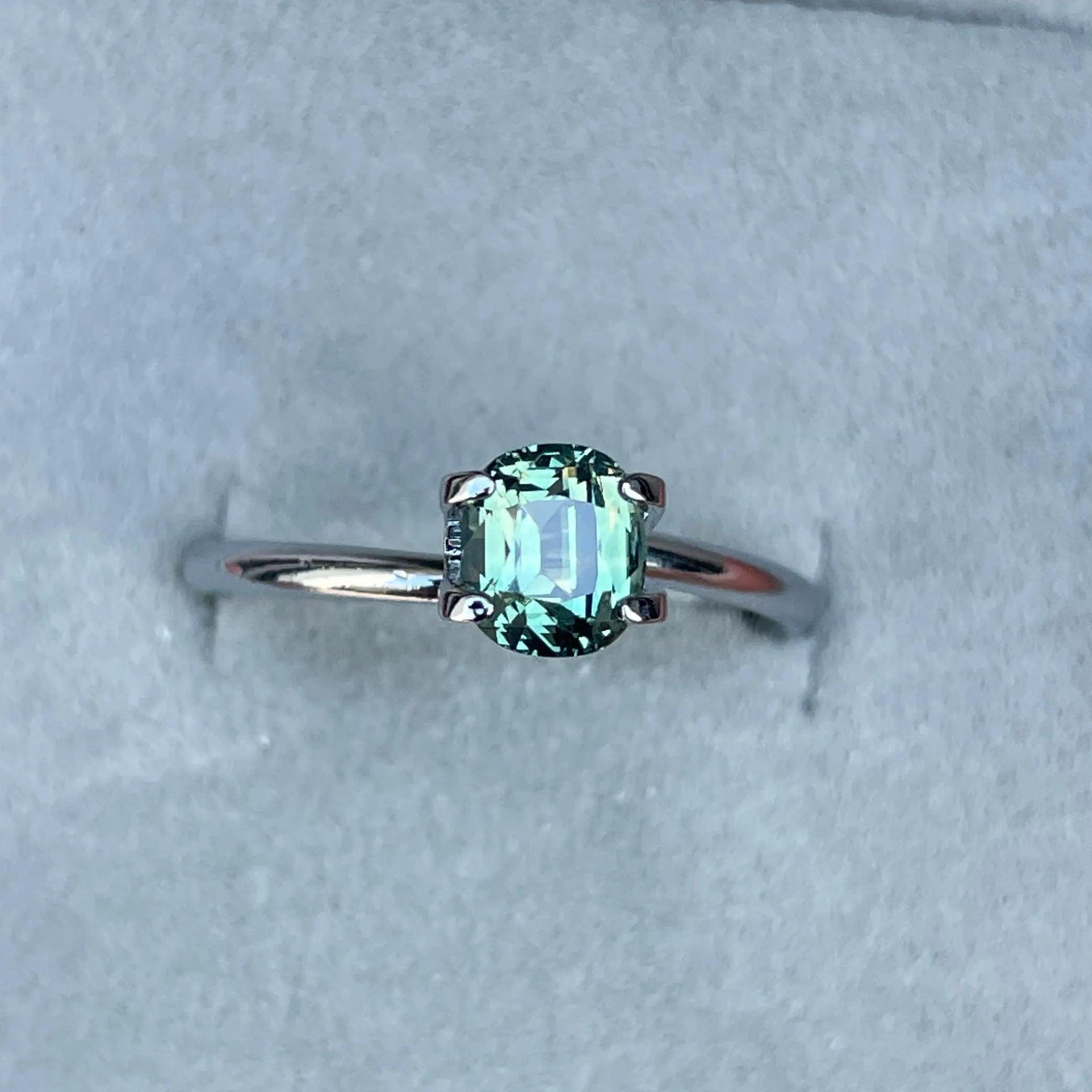 This 1.21 crt green Sapphire is well cut to bring out the best colour and lustre, and has a perfect colour blend.