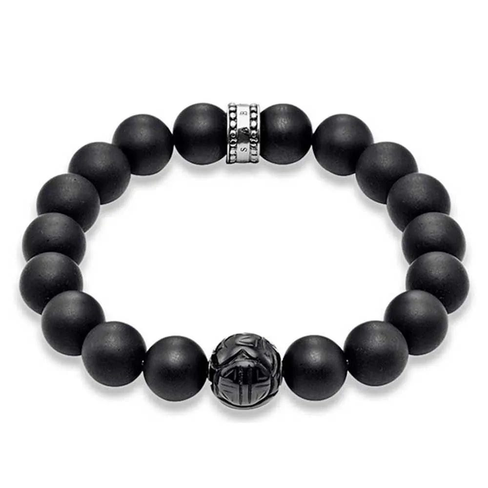 Thomas Sabo Rebel Sterling Silver Matt Obsidean Carved Bead 19cm Bracelet