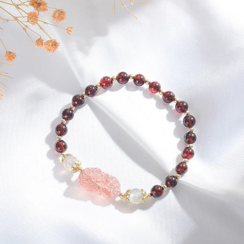 Tourmaline and Garnet Crystal Bracelet with Pixiu Design