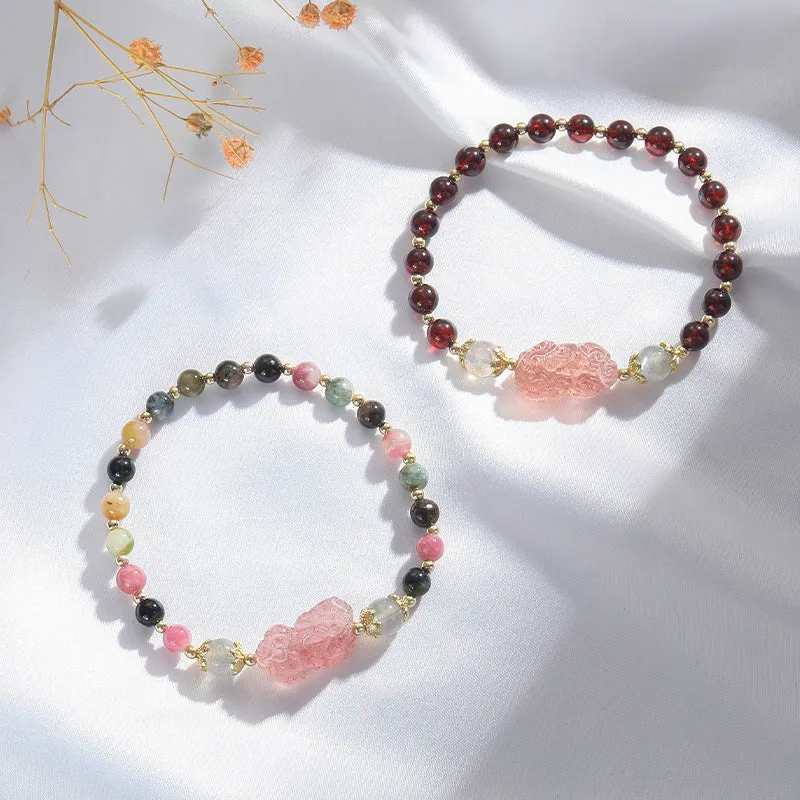 Tourmaline and Garnet Crystal Bracelet with Pixiu Design