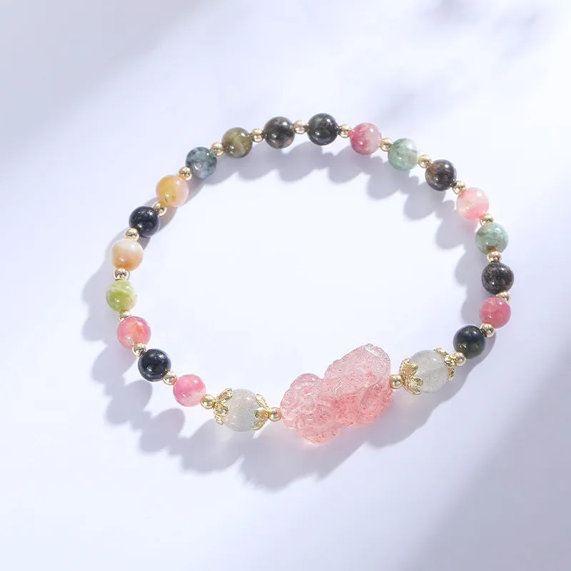 Tourmaline and Garnet Crystal Bracelet with Pixiu Design