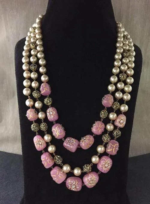 Triple Layered Pearl Precious Stone Necklace