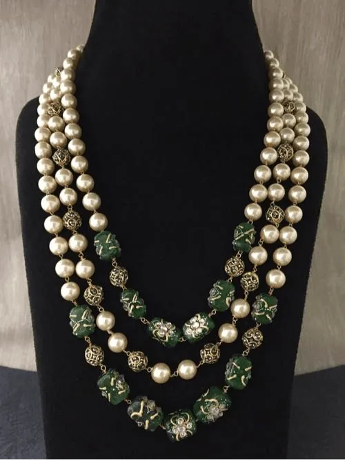 Triple Layered Pearl Precious Stone Necklace