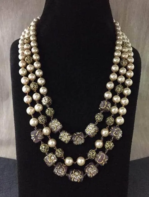 Triple Layered Pearl Precious Stone Necklace