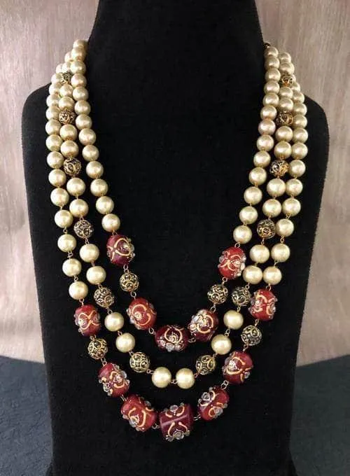 Triple Layered Pearl Precious Stone Necklace