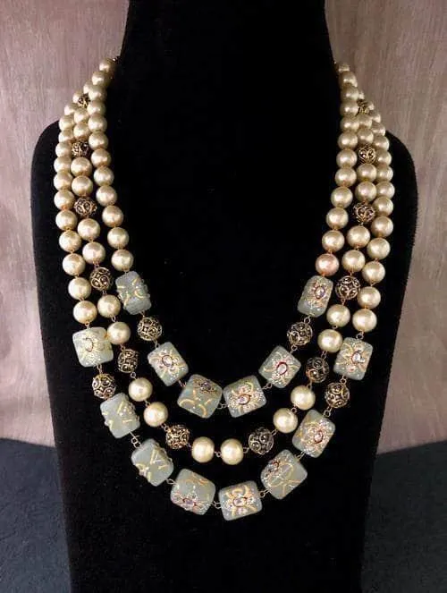 Triple Layered Pearl Precious Stone Necklace