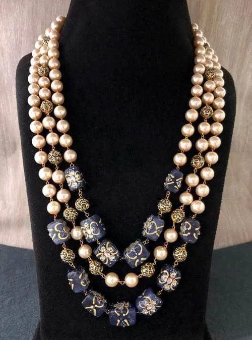 Triple Layered Pearl Precious Stone Necklace